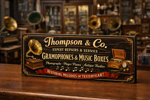 Gramophones music boxes sign - gramophones,